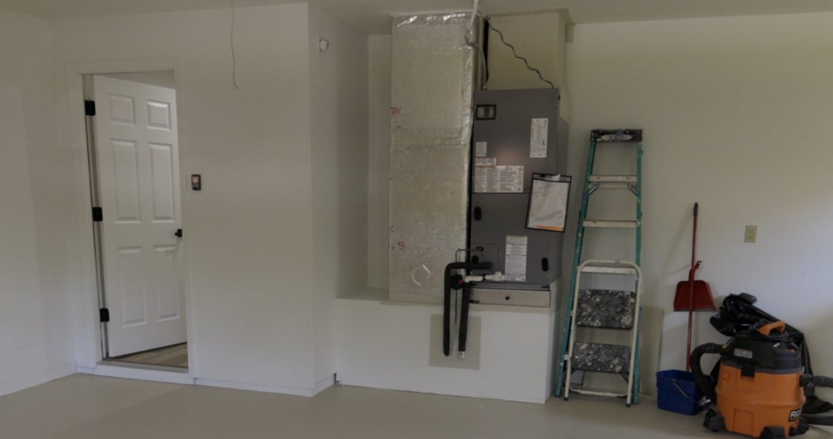 The new air handler in the same garage after the change-out