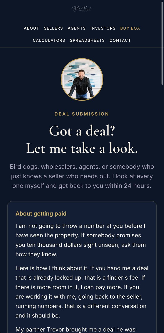 The top of Robert&rsquo;s deal submission page on a phone: his photo, &lsquo;Got a deal? Let me take a look,&rsquo; and a promise to look at every deal himself within 24 hours