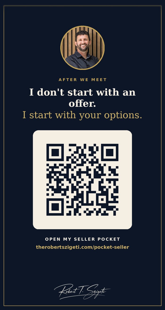 Robert&rsquo;s share screen on his phone: his photo, &lsquo;I don&rsquo;t start with an offer. I start with your options,&rsquo; a QR code that opens his seller pocket page, and a button to text it instead