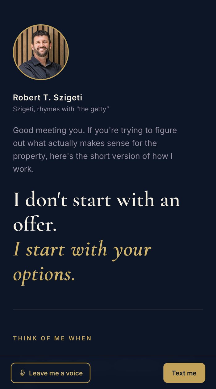 Robert&rsquo;s seller pocket page on a phone: &lsquo;I don&rsquo;t start with an offer. I start with your options,&rsquo; with the same voice note and text buttons