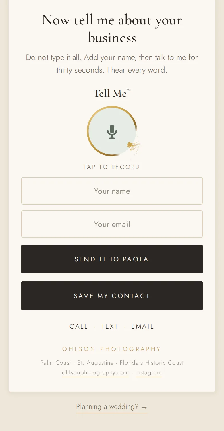 The foot of Paola's business pocket: tell me about your business, a record button, send it to Paola, save my contact, and a link to her wedding pocket