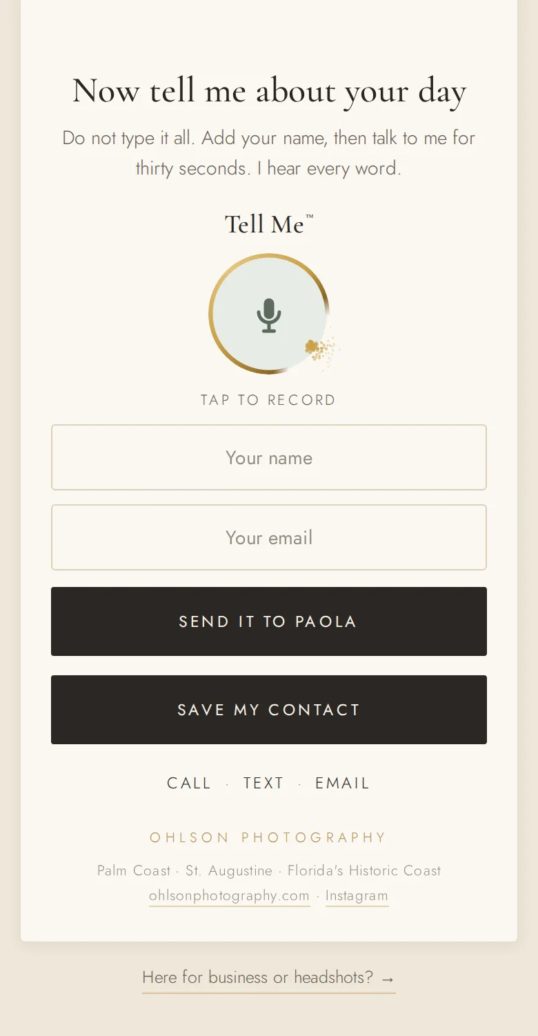 The foot of Paola's wedding pocket: tell me about your day, a record button, send it to Paola, save my contact, and a link to her business pocket