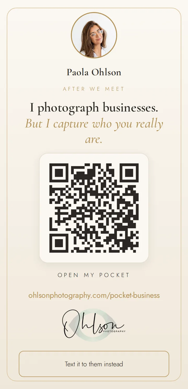 Paola&rsquo;s share screen on a phone: her photo, &ldquo;I photograph businesses,&rdquo; a QR code, and text it to them instead.
